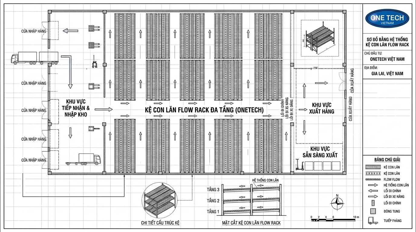 Bản vẽ thiết kế kệ Flow racks Gia Lai Bản vẽ bố trí kệ Flow racks Gia Lai theo mặt bằng kho