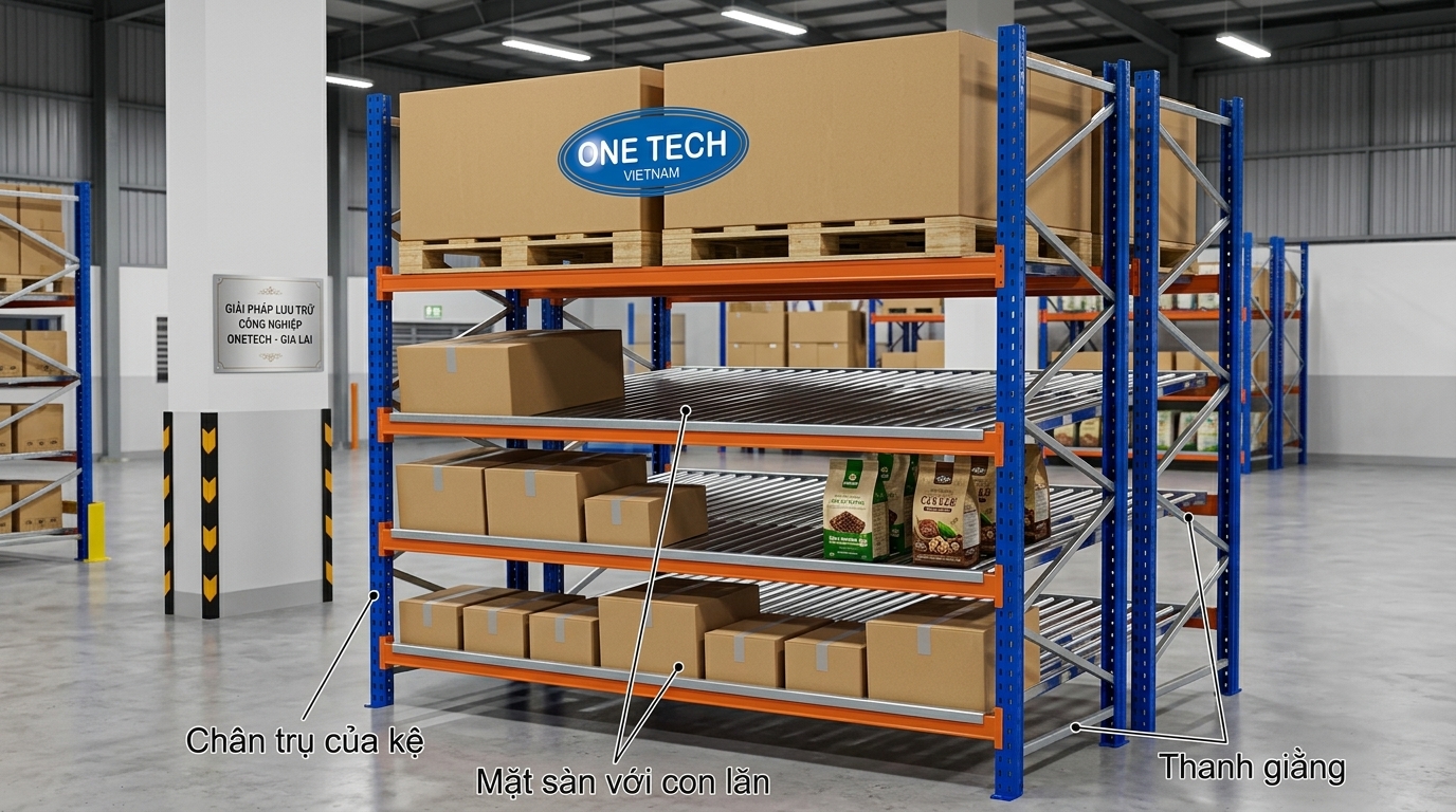 Cấu tạo kệ con lăn Flow rack Gia Lai Cấu tạo kệ con lăn Flow rack cho kho hàng Gia Lai