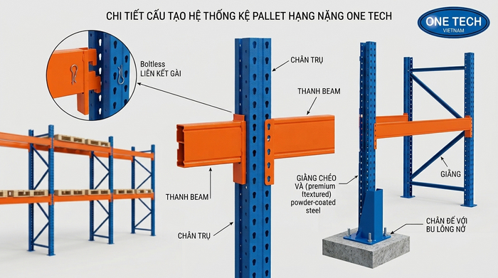 Cấu tạo kệ pallet tải nặng gồm chân trụ thanh beam giằng và chân đế