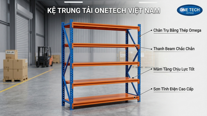 Cấu tạo kệ trung tải Gia Lai Cấu tạo kệ trung tải Gia Lai gồm chân trụ thanh beam và mâm tầng