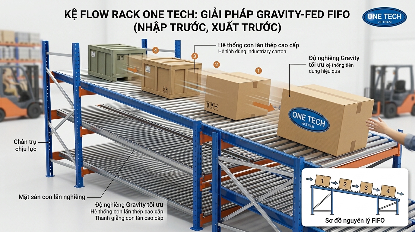 Nguyên lý hoạt động kệ Flow racks Gia Lai Nguyên lý hoạt động của kệ Flow racks Gia Lai bằng con lăn nghiêng
