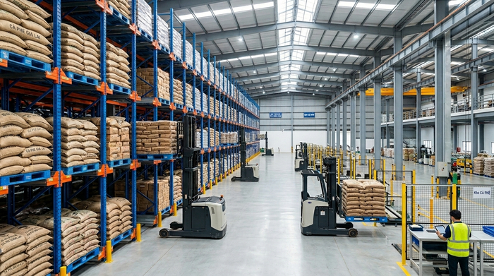 Kệ Radio Shuttle Gia Lai lưu trữ pallet cà phê và hồ tiêu