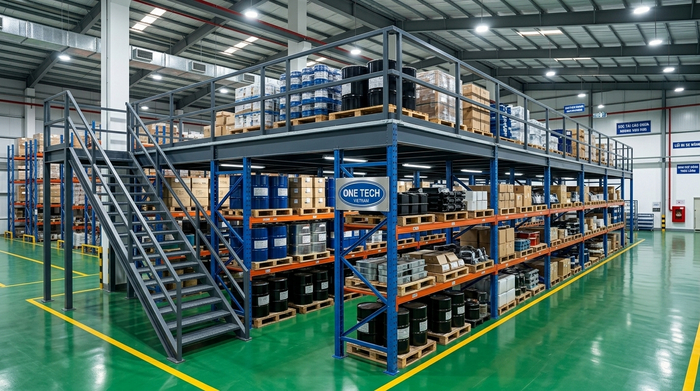 Kệ mezzanine tích hợp kệ tải trọng nặng cho kho lớn Kệ sàn mezzanine kết hợp kệ tải trọng nặng