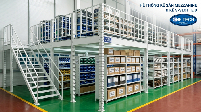 Kệ mezzanine kết hợp kệ V lỗ cho kho phụ kiện Kệ sàn mezzanine kết hợp kệ V lỗ lưu trữ hàng nhẹ