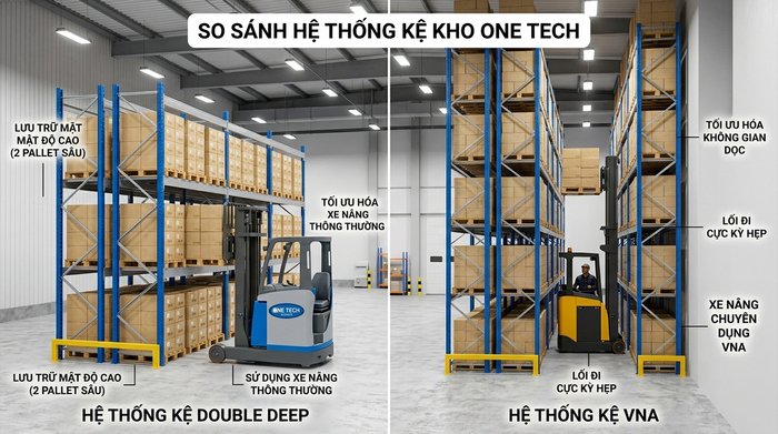 So sánh các mẫu kệ pallet Selective Drive In Double Deep và VNA