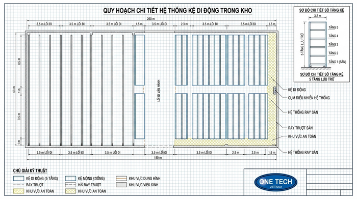 Bản vẽ bố trí kệ kho di động theo mặt bằng kho hàng