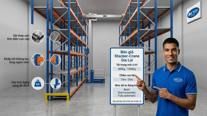 Báo giá Stacker-Crane Gia Lai Báo giá Stacker-Crane Gia Lai theo tải trọng chiều cao kệ và mức tự động hóa