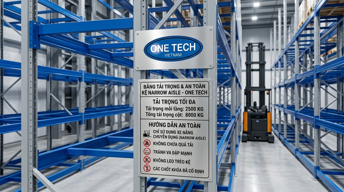 Biển tải trọng và cảnh báo an toàn trên kệ Narrow Aisle Gia Lai
