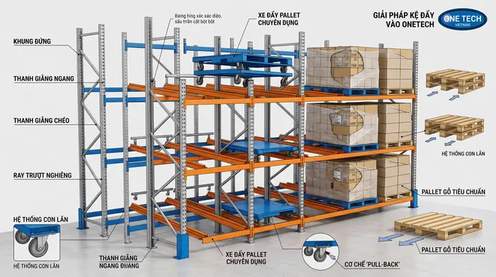 Cấu tạo Kệ Push Back Gia Lai Cấu tạo Kệ Push Back Gia Lai gồm khung cột ray xe trượt và thanh giằng