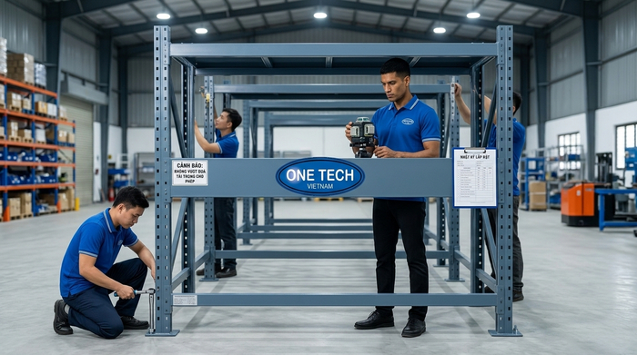 Đội ngũ kỹ thuật lắp đặt và cân chỉnh kệ tại kho hàng