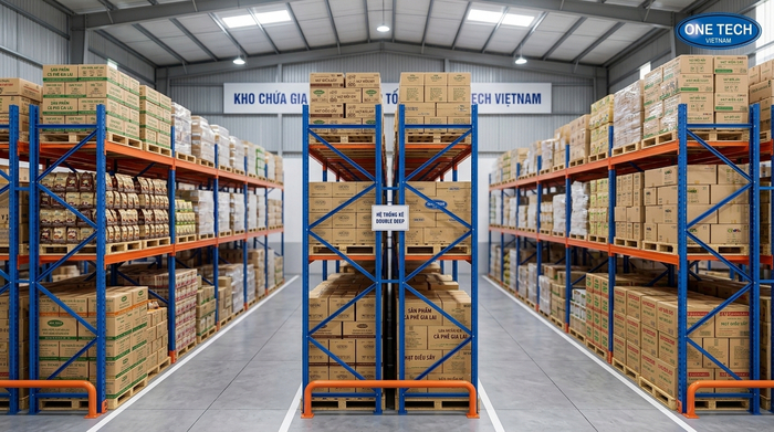 Kệ Double Deep Gia Lai bố trí lưu trữ hai pallet sâu Kệ Double Deep Gia Lai bố trí hai pallet theo chiều sâu trong kho