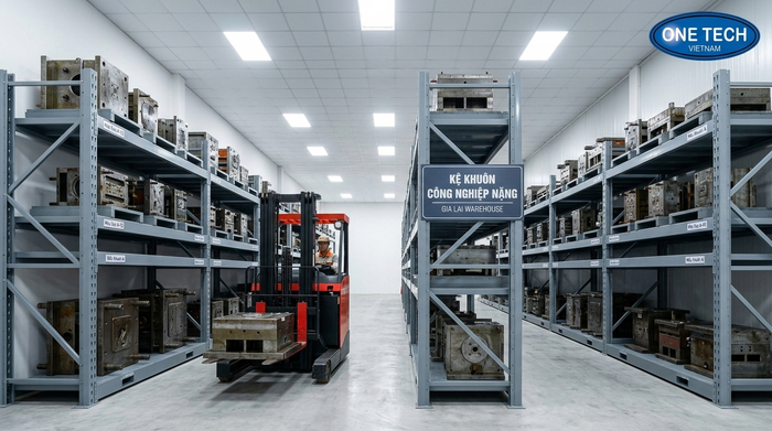 Kệ Khuôn Gia Lai cho kho công nghiệp Kệ Khuôn Gia Lai trong kho công nghiệp có lối đi cho xe nâng