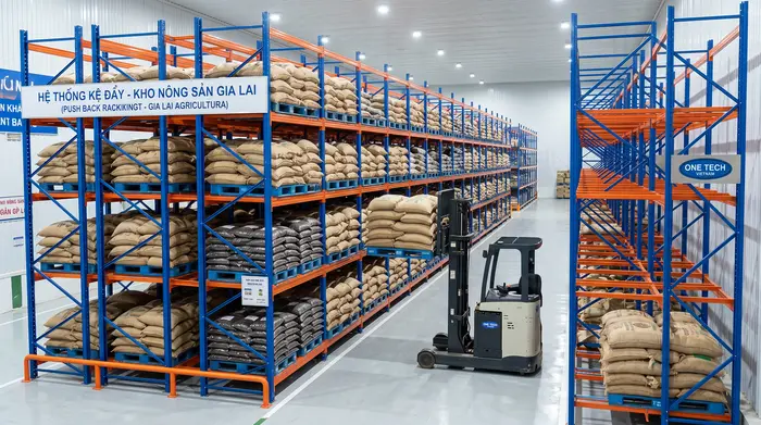 Kệ Push Back cho kho nông sản Gia Lai Kệ Push Back cho kho nông sản Gia Lai lưu trữ cà phê hồ tiêu