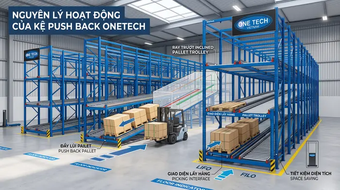 Nguyên lý hoạt động Kệ Push Back Gia Lai Nguyên lý hoạt động của Kệ Push Back Gia Lai trong kho pallet