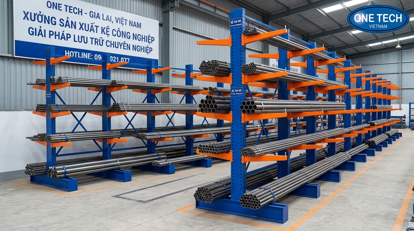 Kệ tay đỡ chứa ống thép tại Gia Lai Kệ tay đỡ chứa ống thép dài trong kho hàng tại Gia Lai