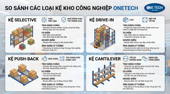 So sánh kệ Selective và các loại kệ khác Bảng so sánh các loại kệ kho hàng công nghiệp phổ biến