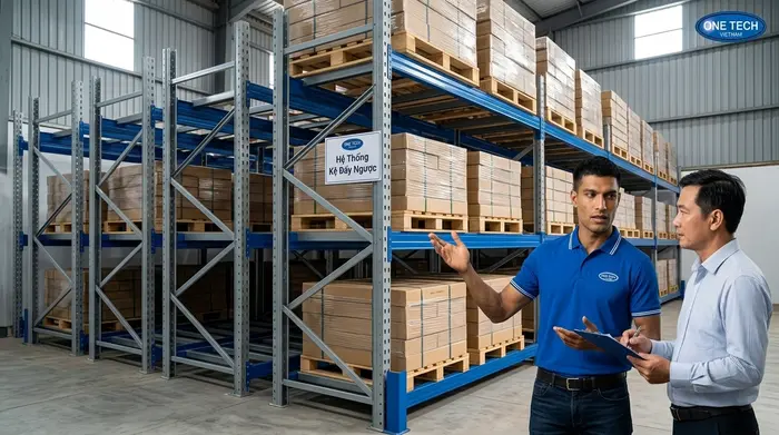Tư vấn Kệ Push Back Gia Lai OneTech Tư vấn Kệ Push Back Gia Lai trực thuộc OneTech cho kho hàng pallet