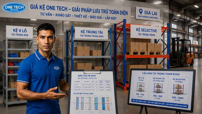 Báo giá thiết bị nhà kho Gia Lai theo cấu hình kệ Báo giá kệ kho hàng Gia Lai theo tải trọng và mặt bằng thực tế