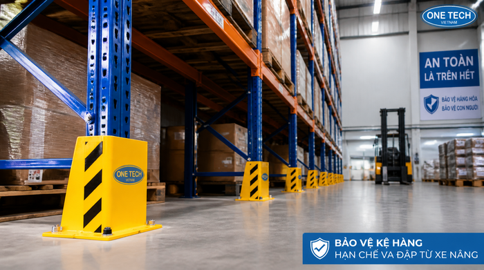 Bảo vệ chân kệ kho logistics khi vận hành xe nâng Ốp bảo vệ chân kệ kho giúp giảm va chạm xe nâng