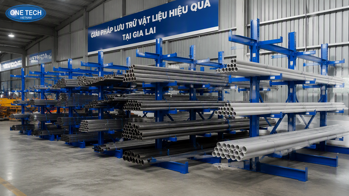 Kệ để ống thép Gia Lai cho kho vật liệu xây dựng Kệ để ống thép Gia Lai trong kho vật liệu xây dựng