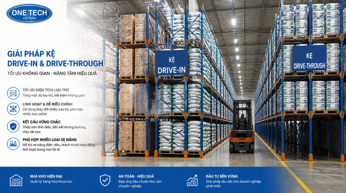 Kệ drive-in drive-through tăng mật độ lưu trữ Kệ drive-in drive-through cho kho nông sản số lượng lớn tại Gia Lai